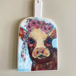 Hand-Painted Floral Cow Cutting Board Art - Multicolor